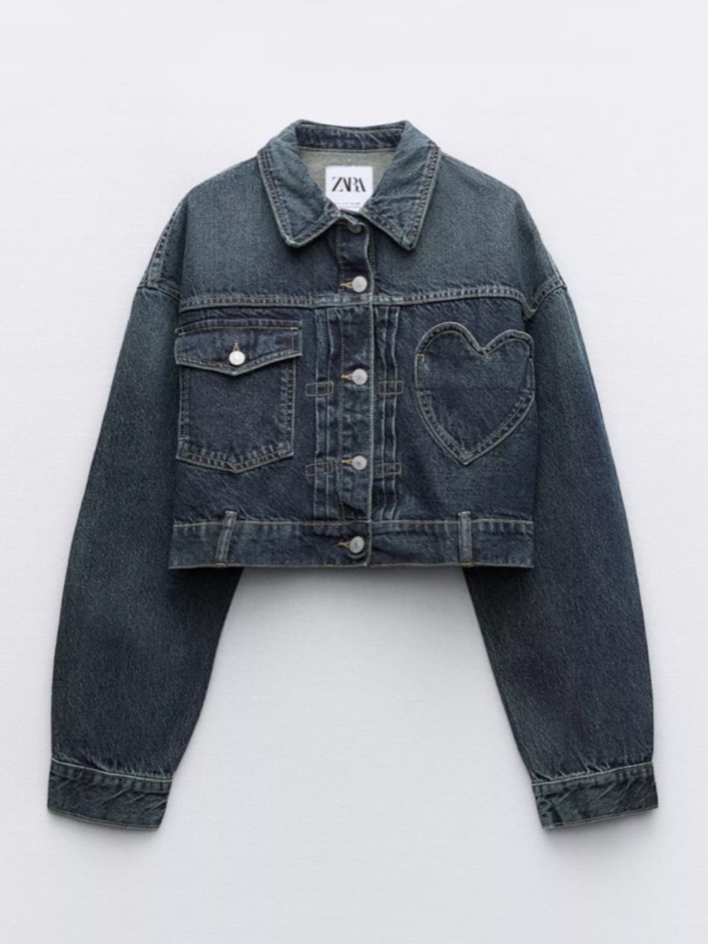 Zara Black Washed Cropped Denim Jacket with Heart Patch